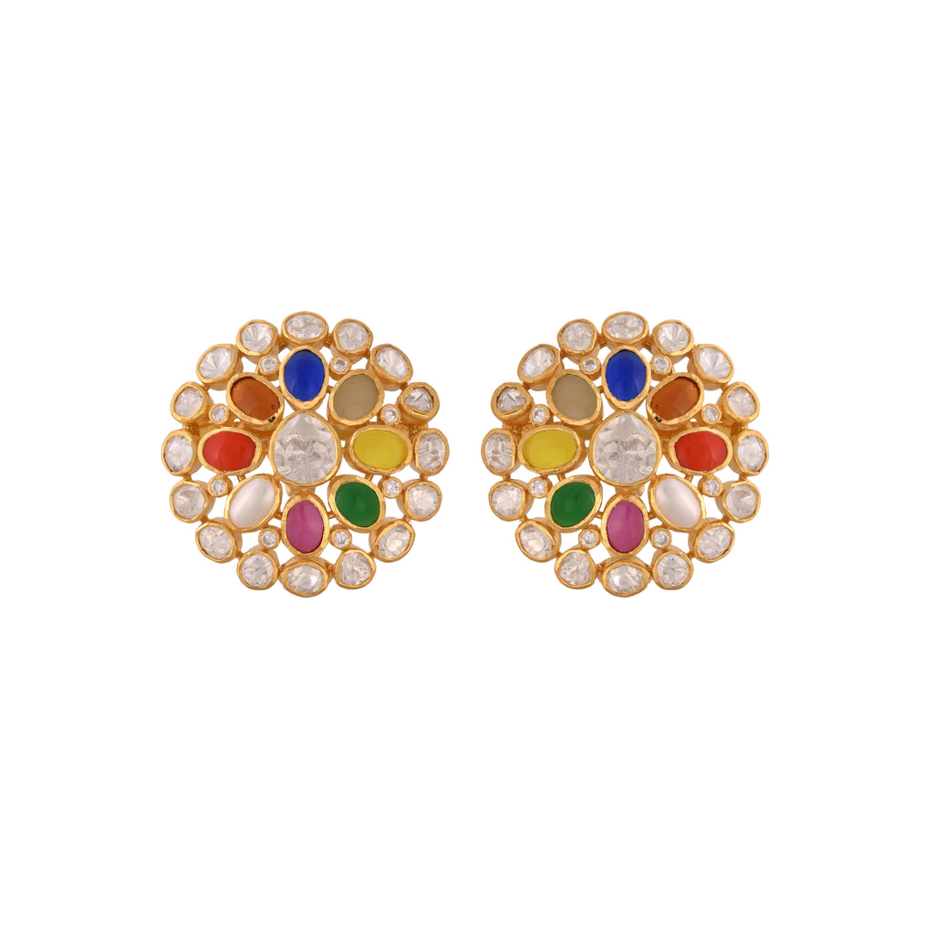 Navratna Round Flower Silver Earrings
