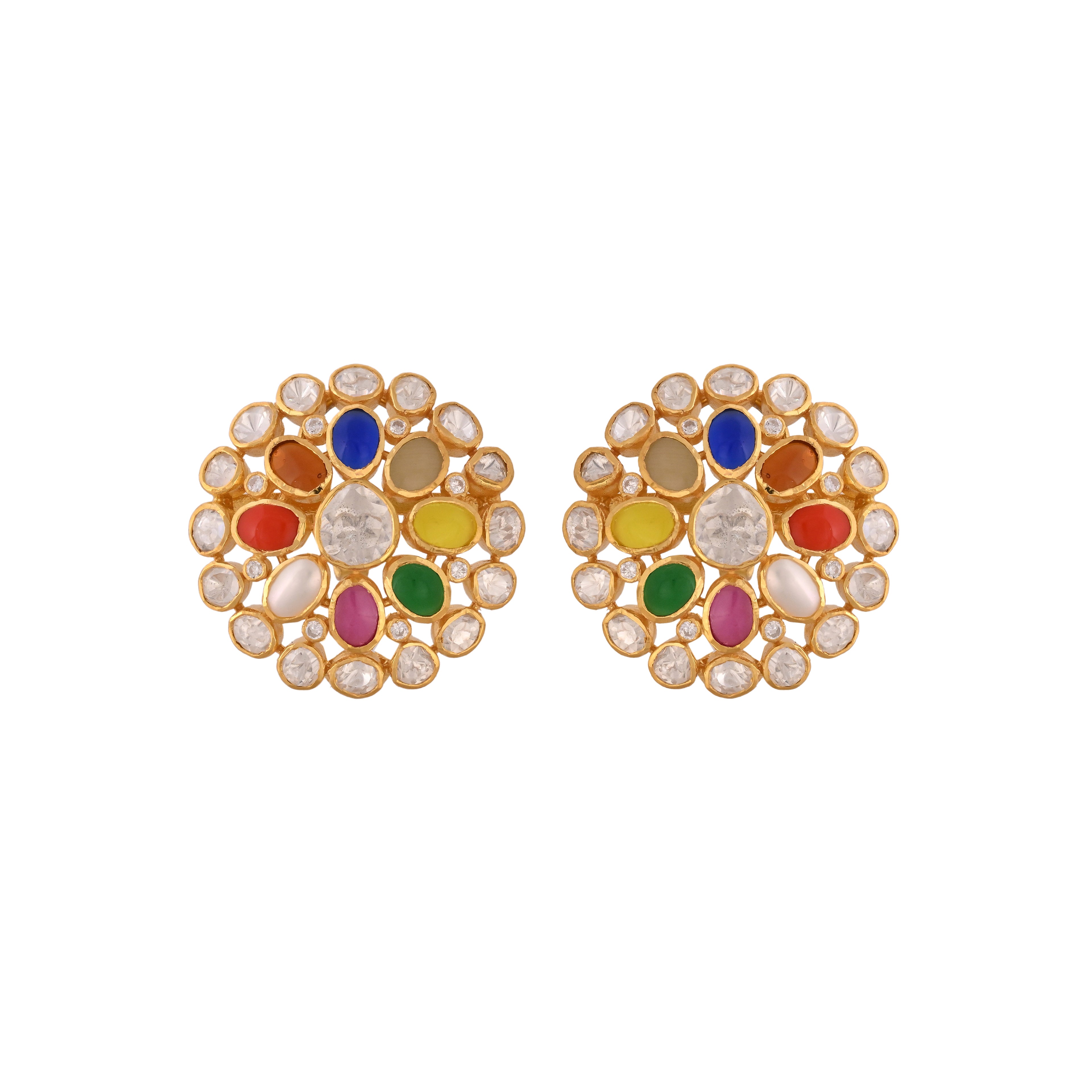 Navratna Round Flower Silver Earrings