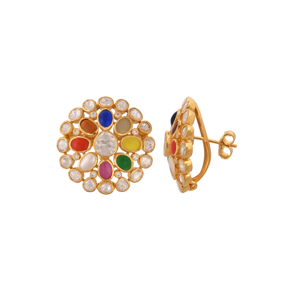 Navratna Round Flower Silver Earrings