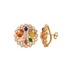 Navratna Round Flower Silver Earrings