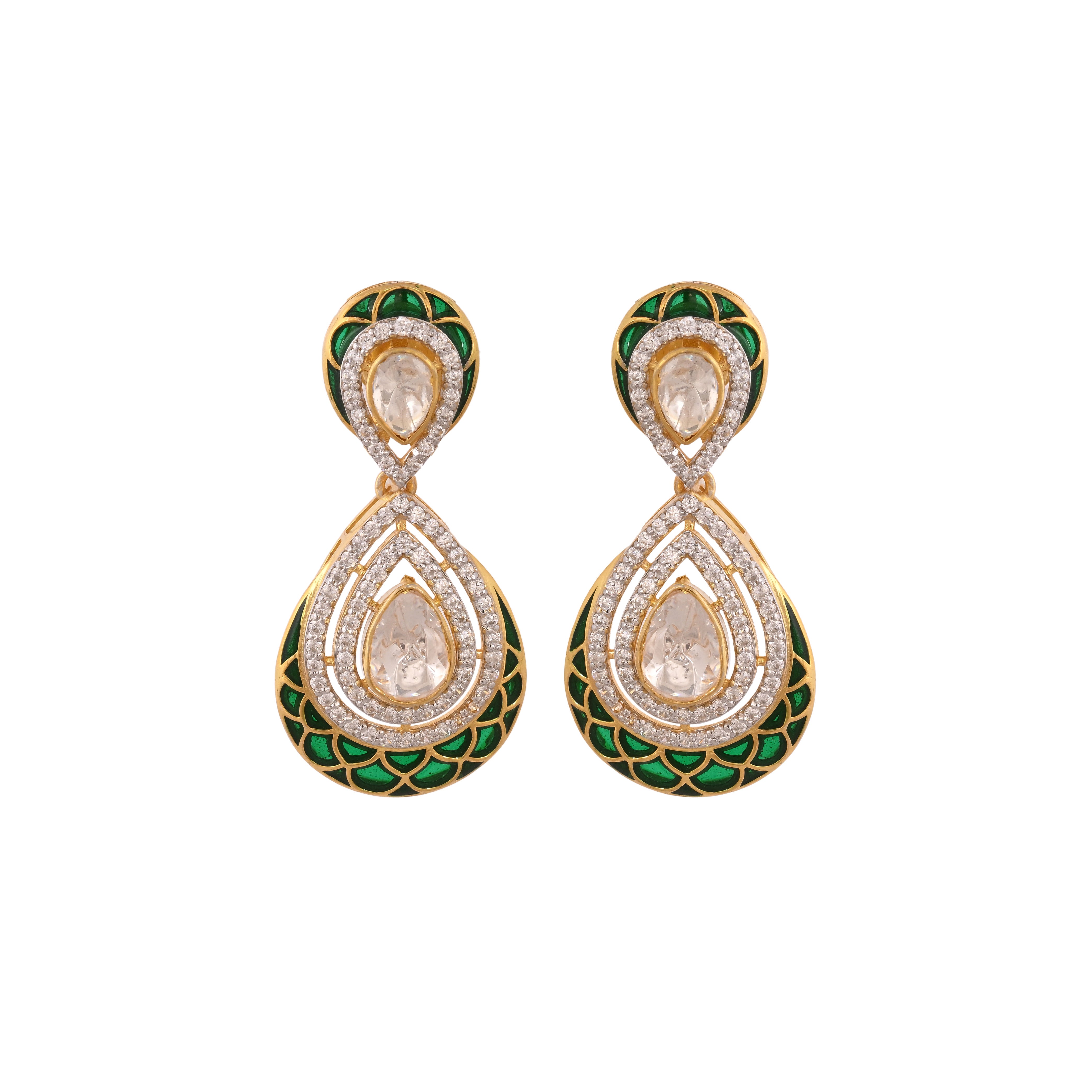 Polki & Green Meenakari Silver Drop Earrings