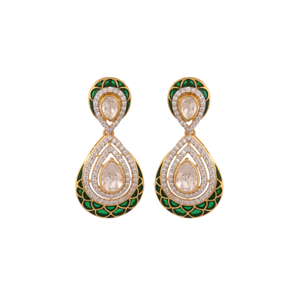 Polki & Green Meenakari Silver Drop Earrings