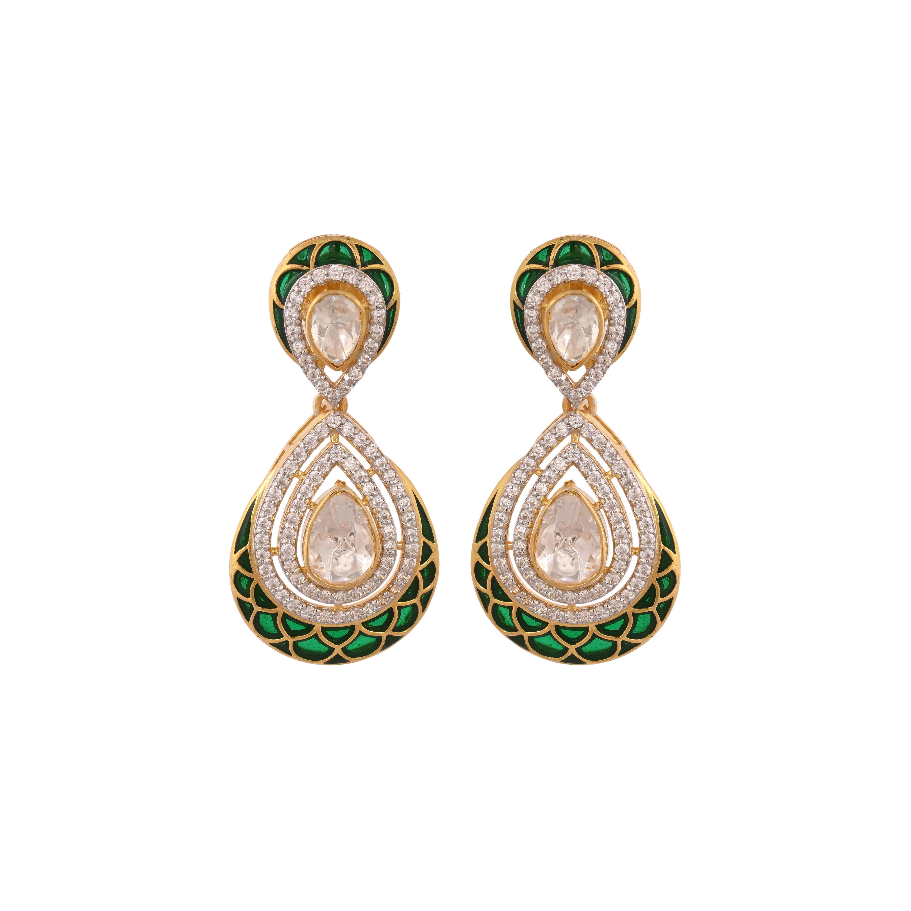 Polki & Green Meenakari Silver Drop Earrings