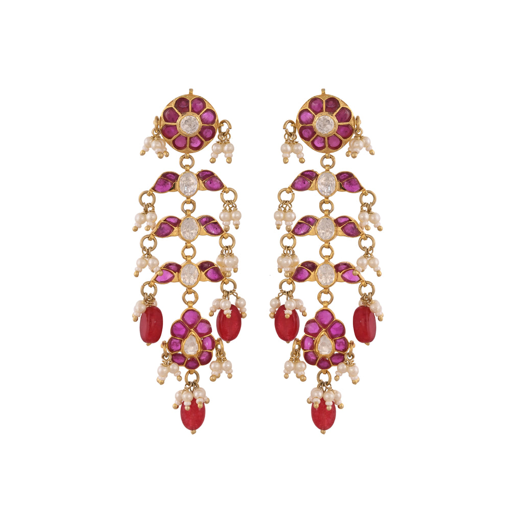 Gulnaar Ruby Bloom Silver Long Earrings