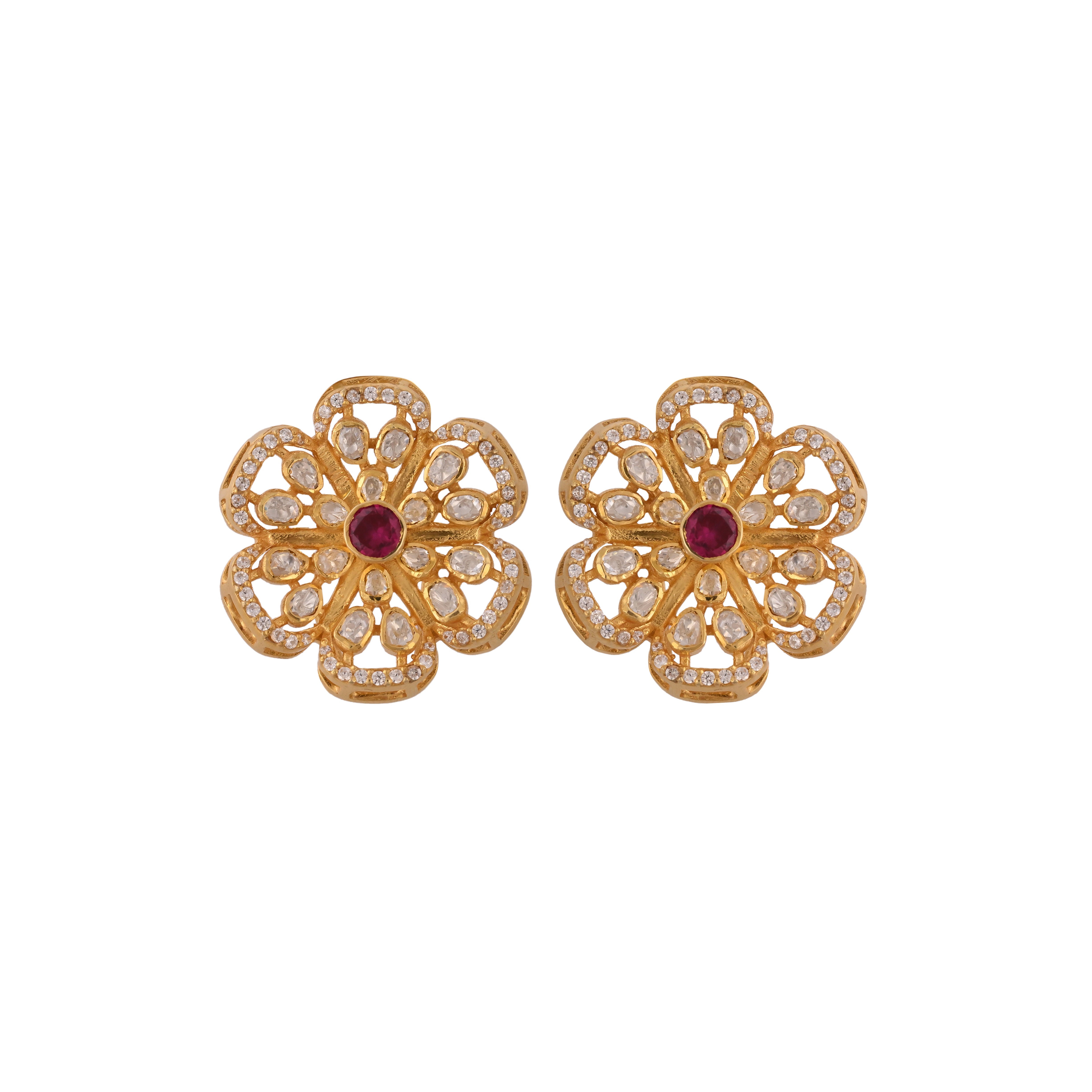 Floral Polki Silver Earrings