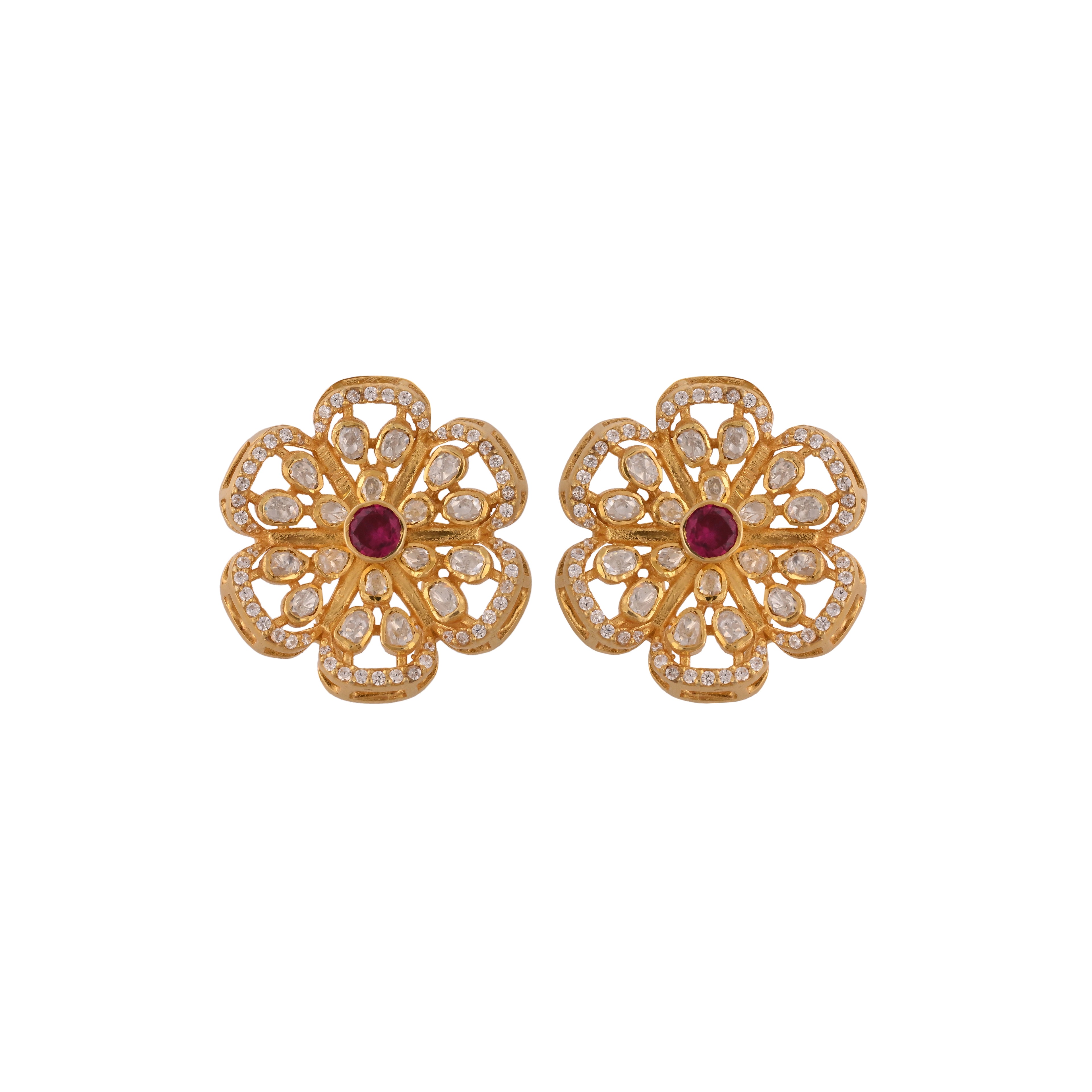 Floral Polki Silver Earrings