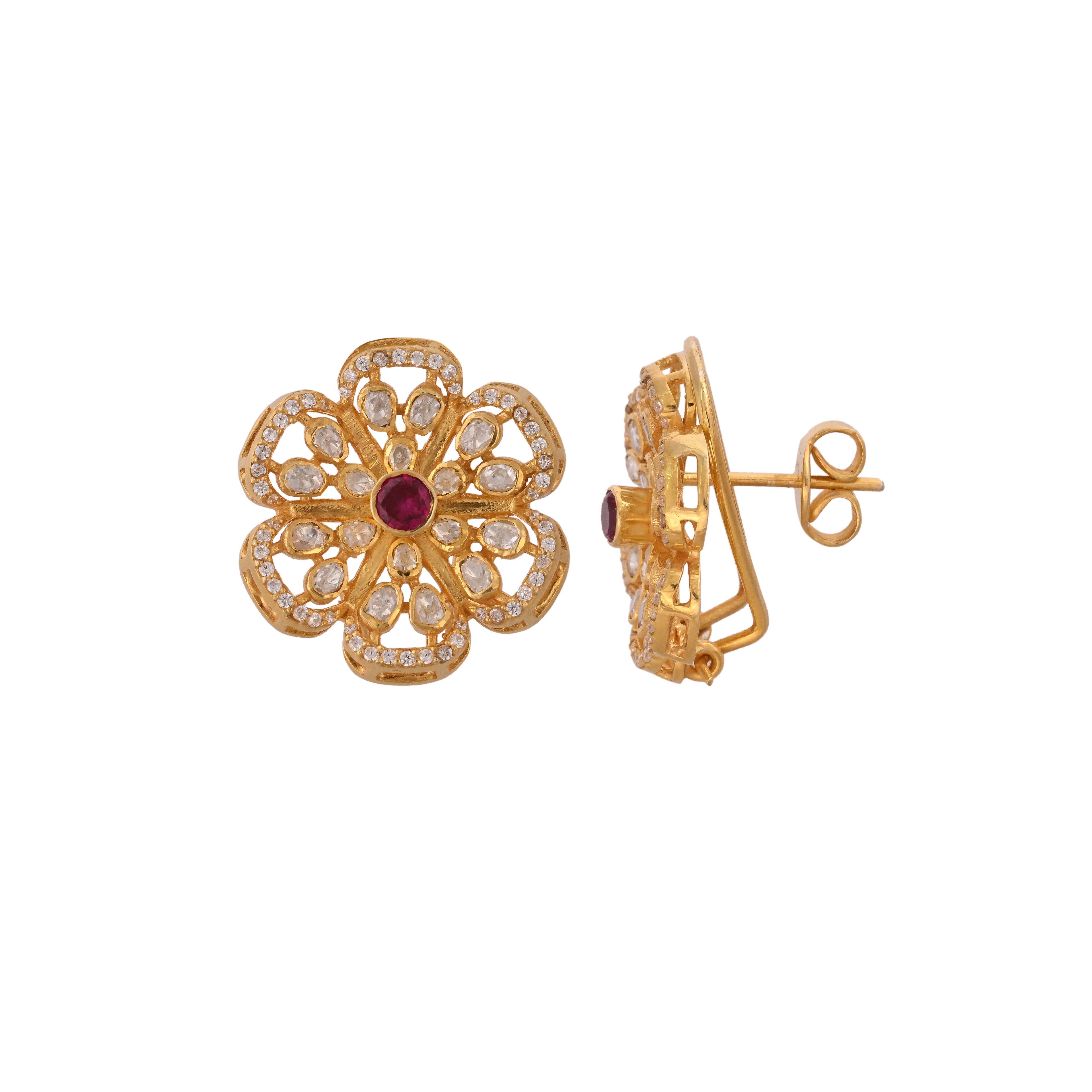 Floral Polki Silver Earrings