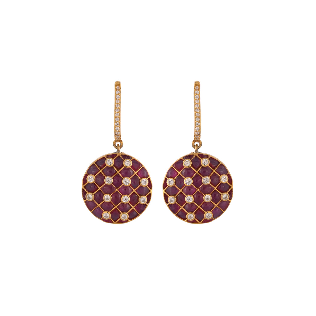 Reversible Ruby & Emerald Round Drop Silver Earrings
