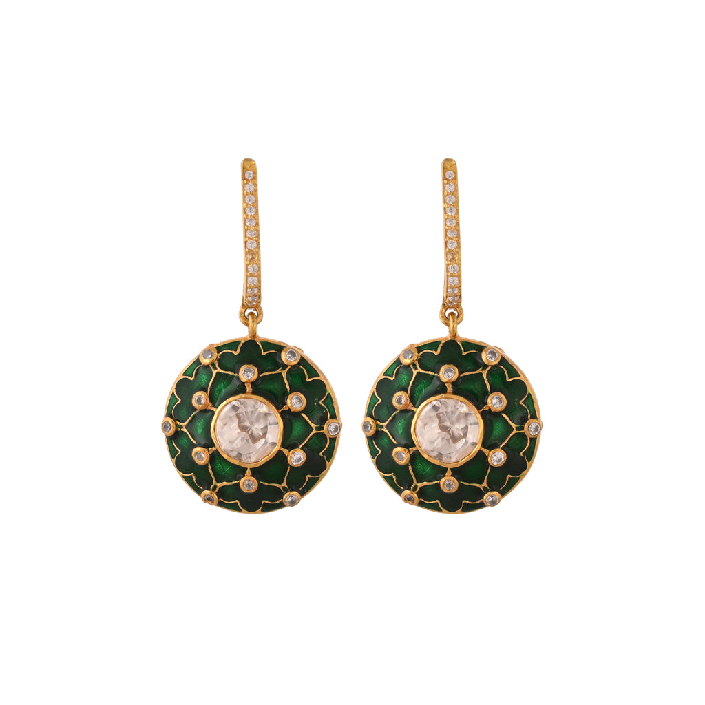 Reversible Red & Green Meenakari Round Drop Silver Earrings
