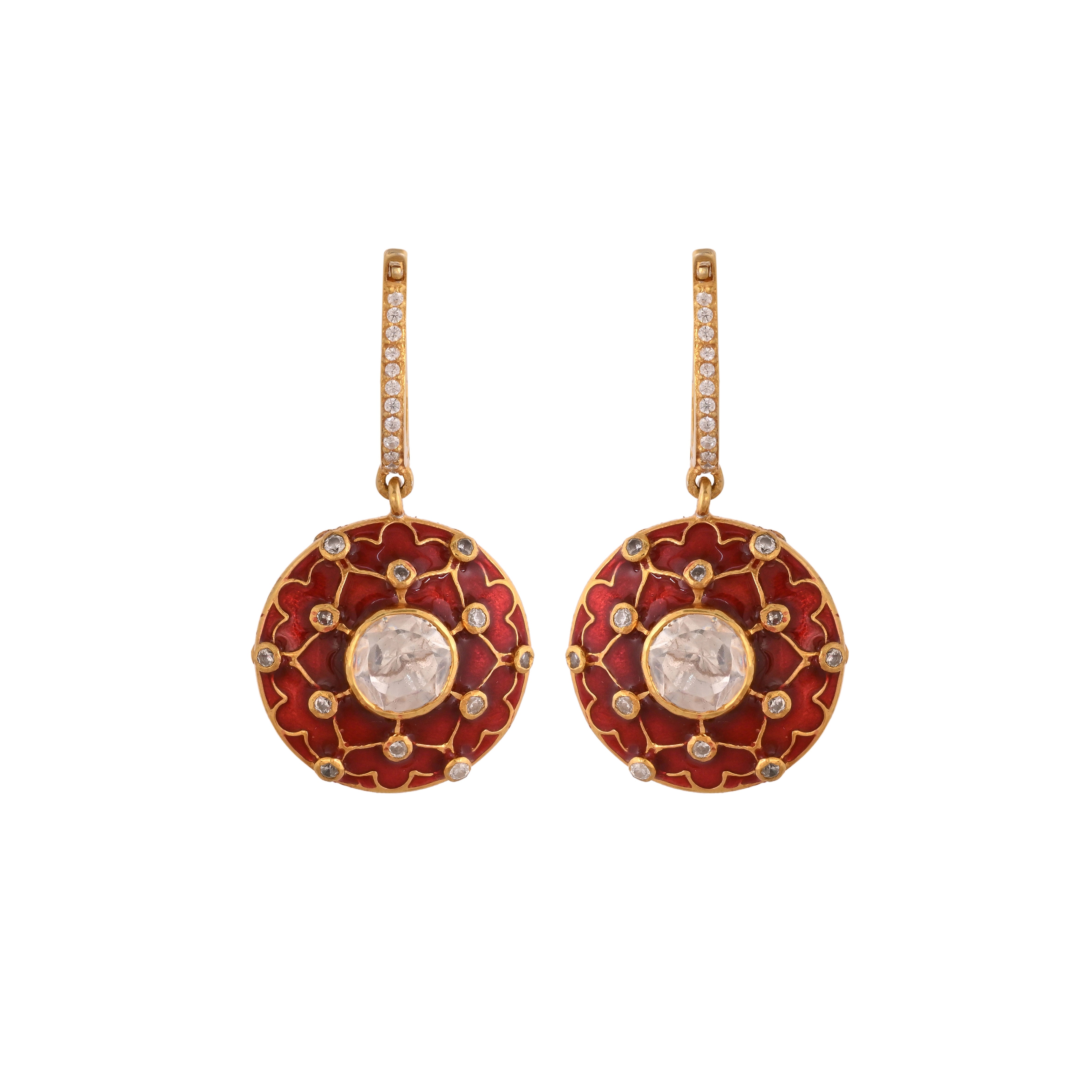 Reversible Red & Green Meenakari Round Drop Silver Earrings