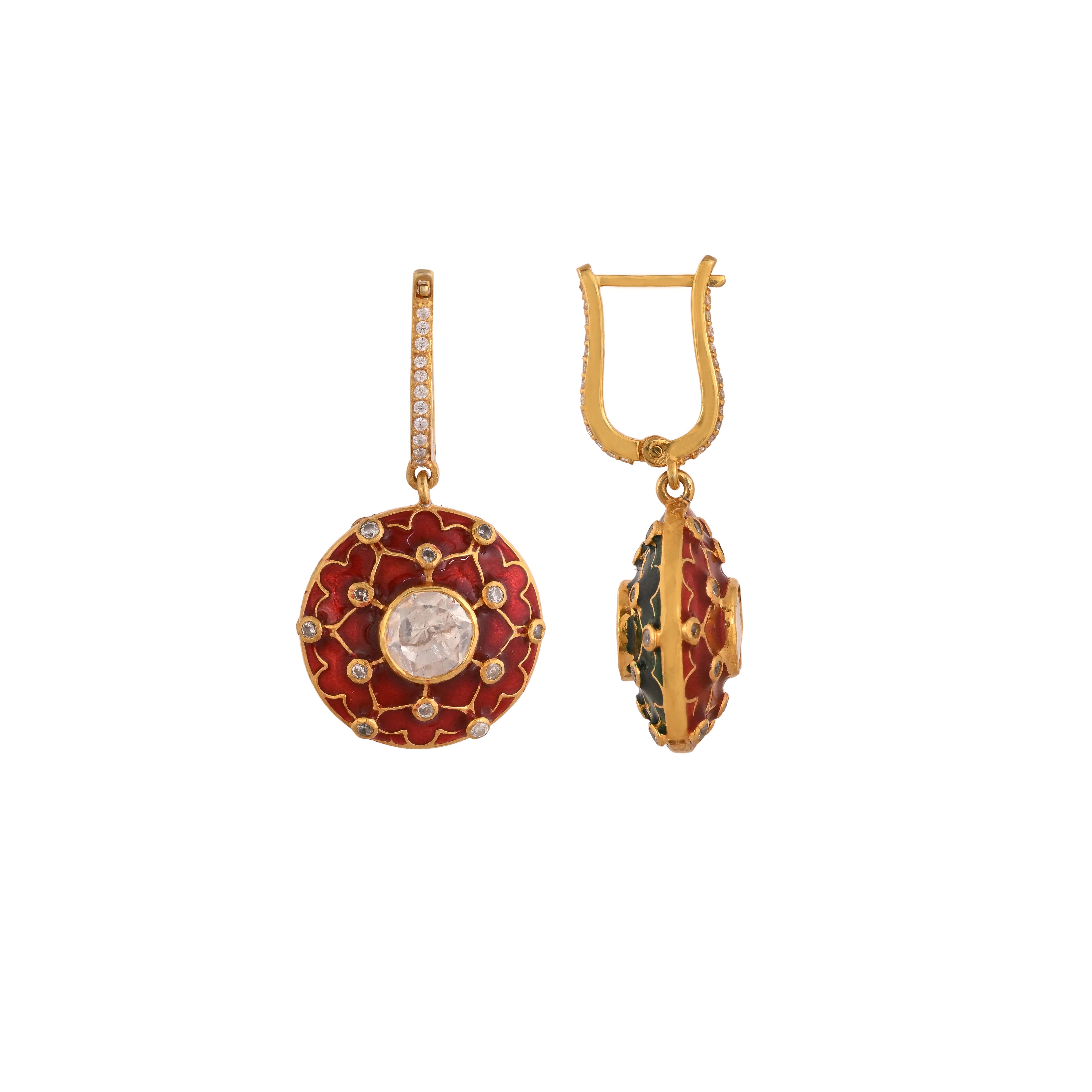 Reversible Red & Green Meenakari Round Drop Silver Earrings