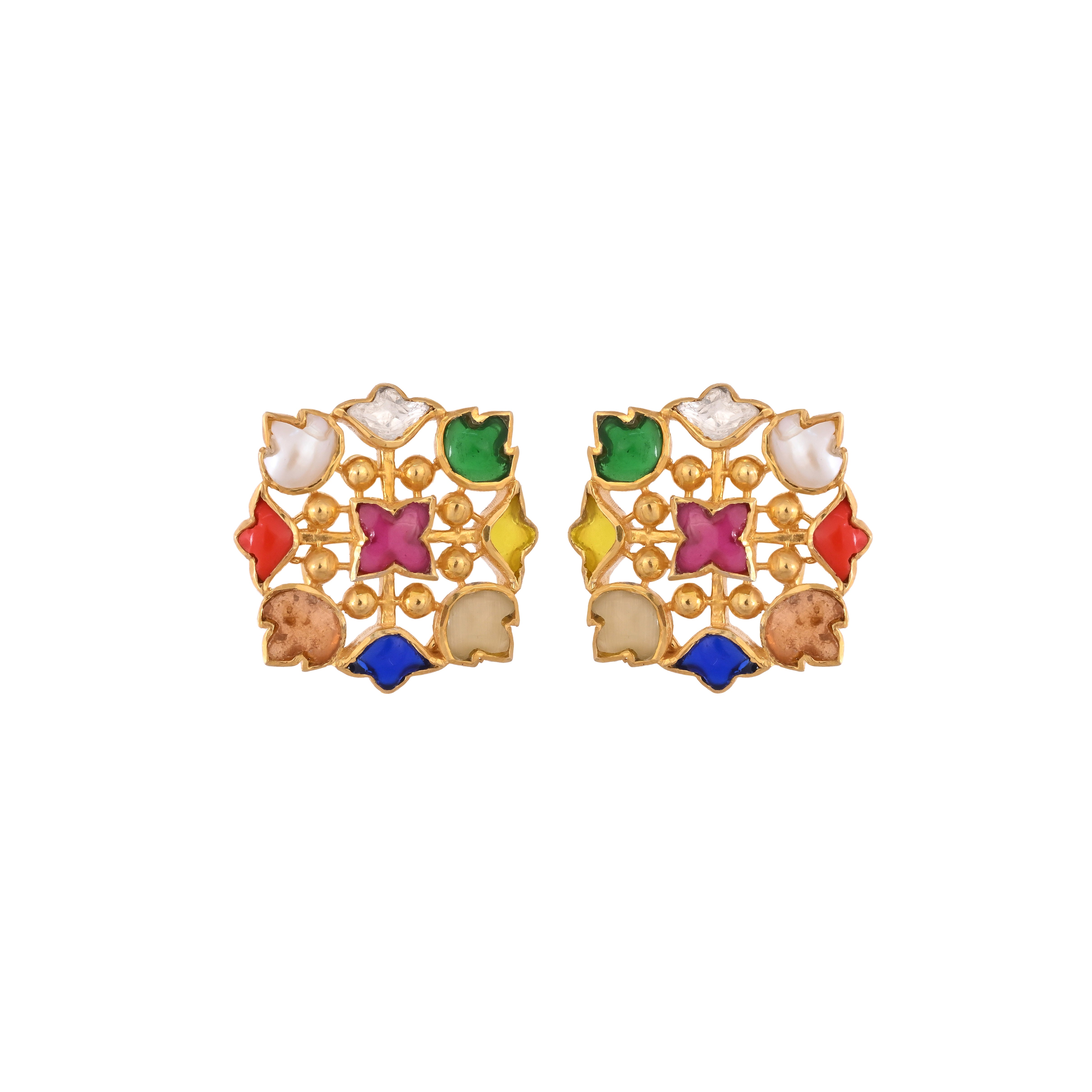 Navratna Square Flower Silver Earrings