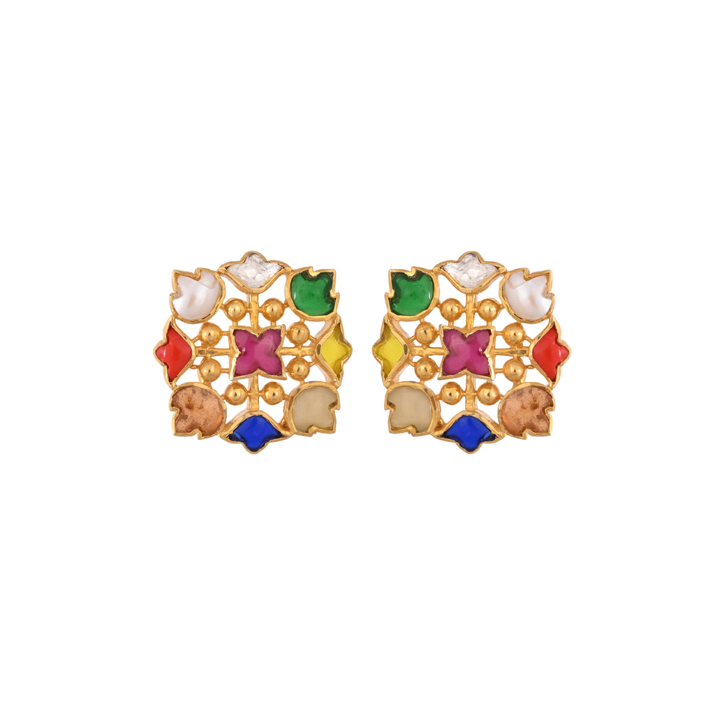 Navratna Square Flower Silver Earrings