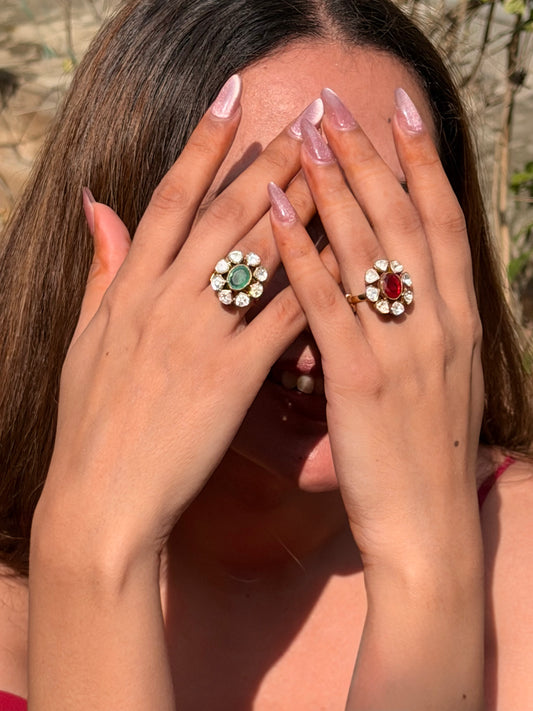 Emerald & Polki Silver Ring