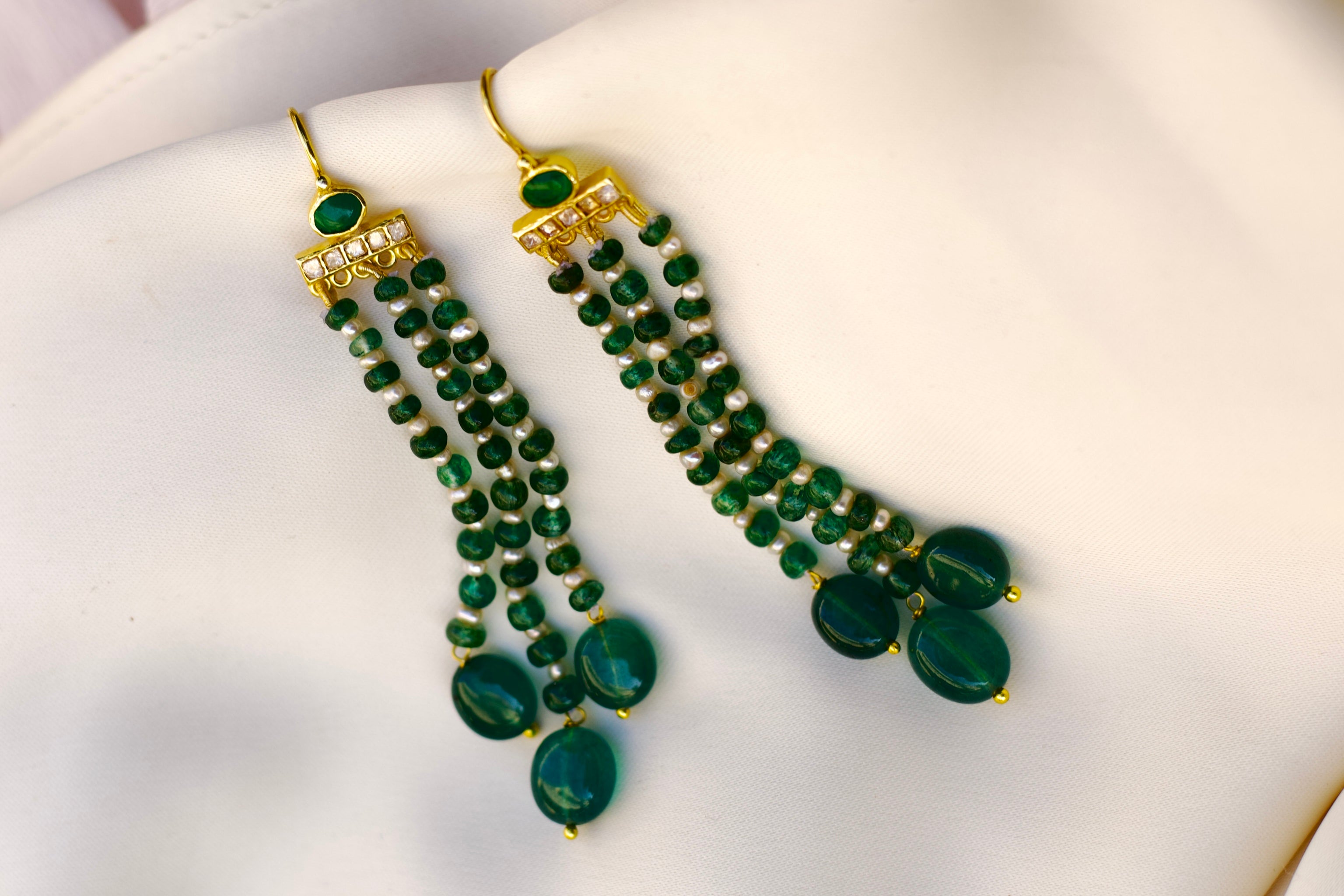 Emerald & Pearl Drop Silver Long Earrings