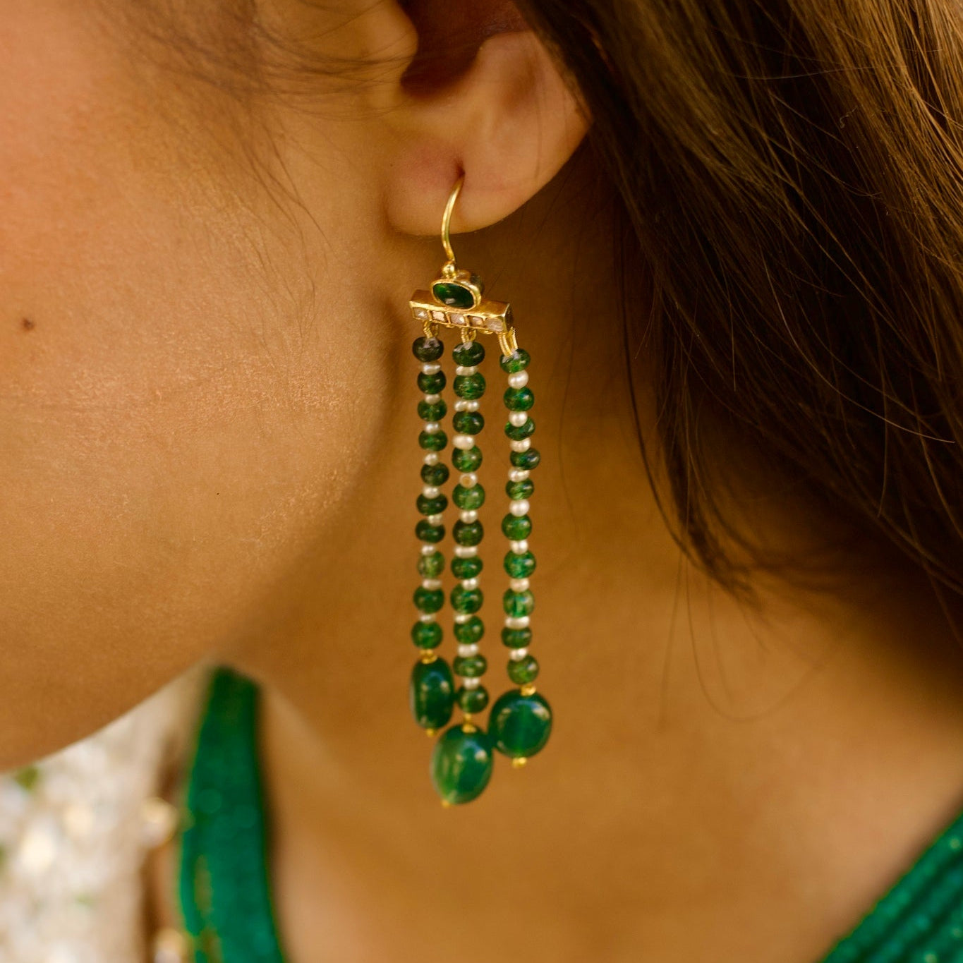 Emerald & Pearl Drop Silver Long Earrings