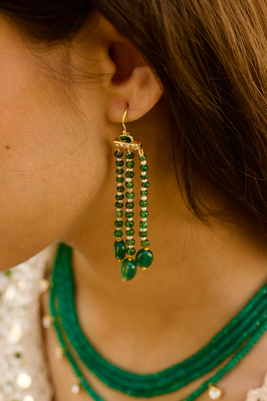 Emerald & Pearl Drop Silver Long Earrings