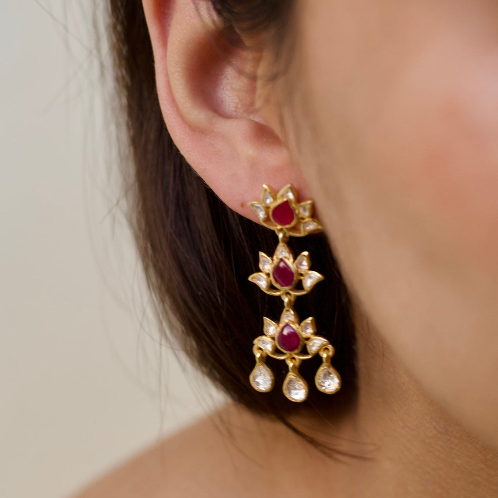 Ruby & Polki Lotus Long Silver Earrings