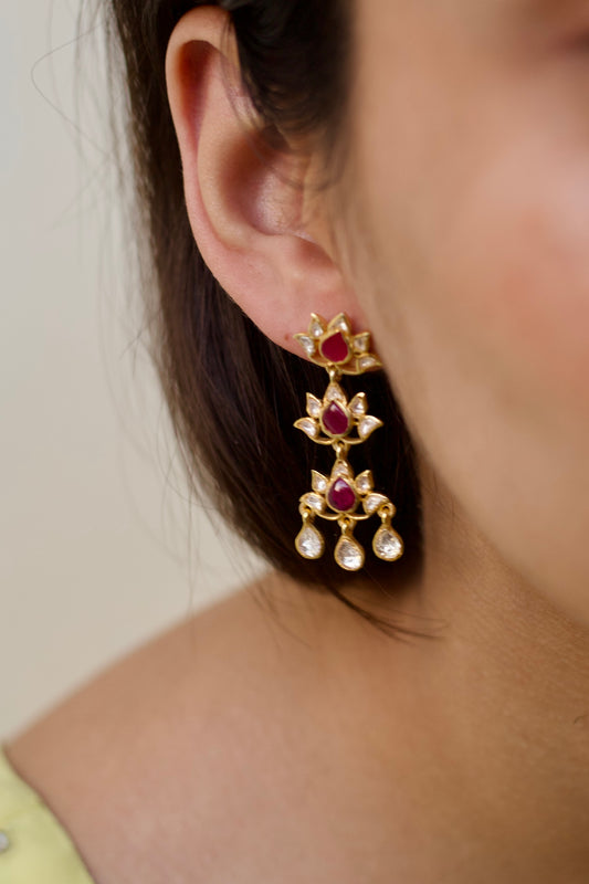 Ruby & Polki Lotus Long Silver Earrings
