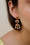 Ruby & Polki Lotus Long Silver Earrings