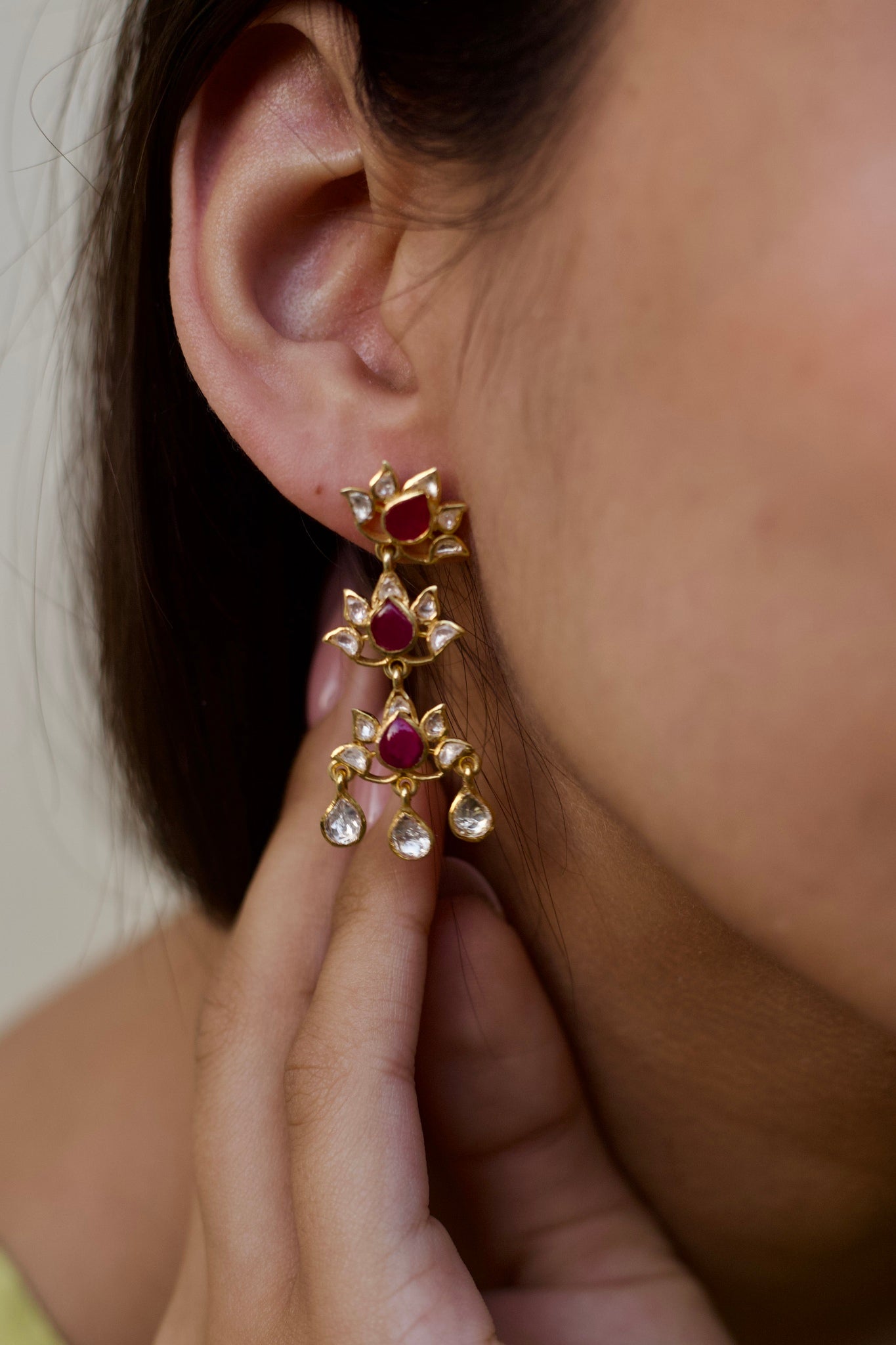 Ruby & Polki Lotus Long Silver Earrings