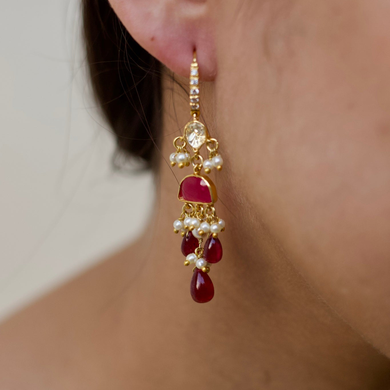 Ruby & Pearl Drop Silver Long Earrings