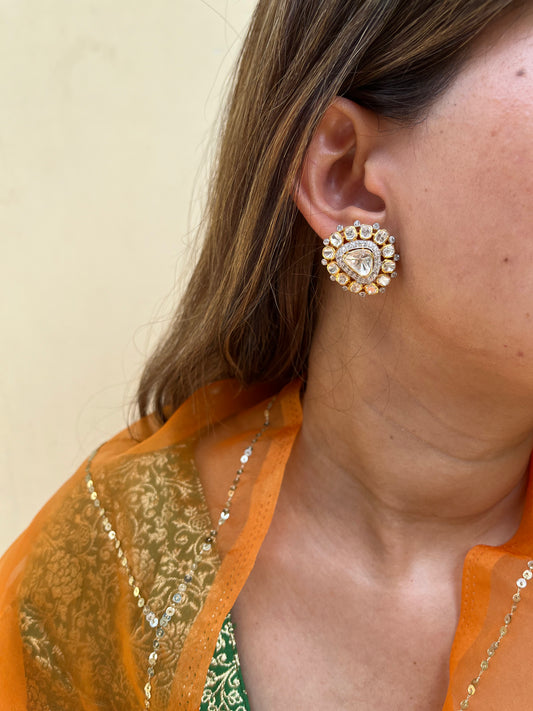 Noor Triangle Polki Silver Earrings