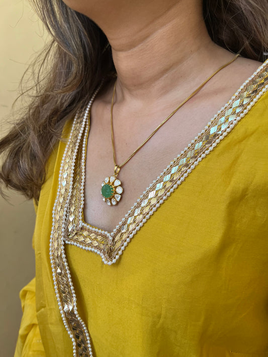 Russian Emerald & Polki Silver Pendant