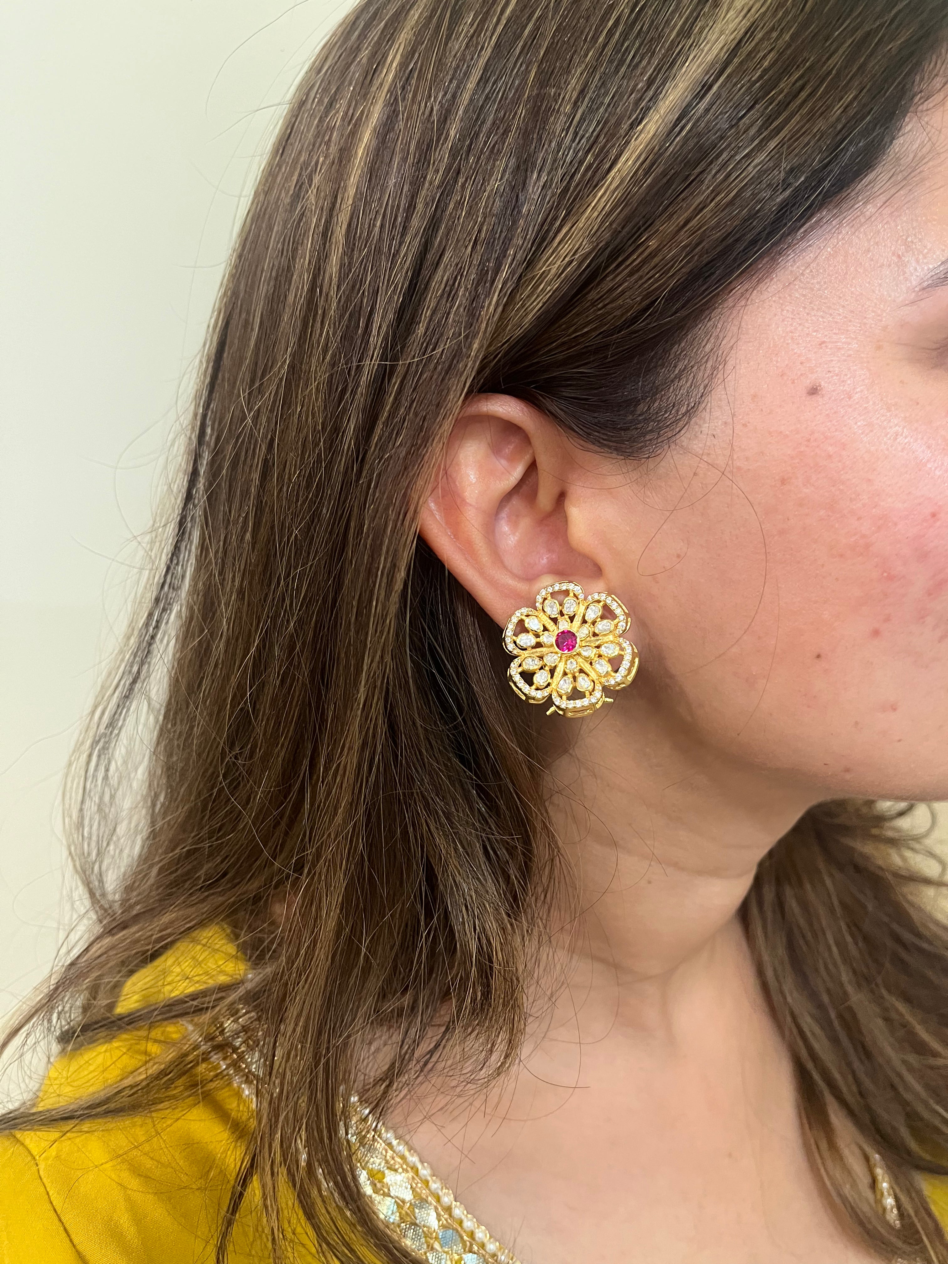 Floral Polki Silver Earrings