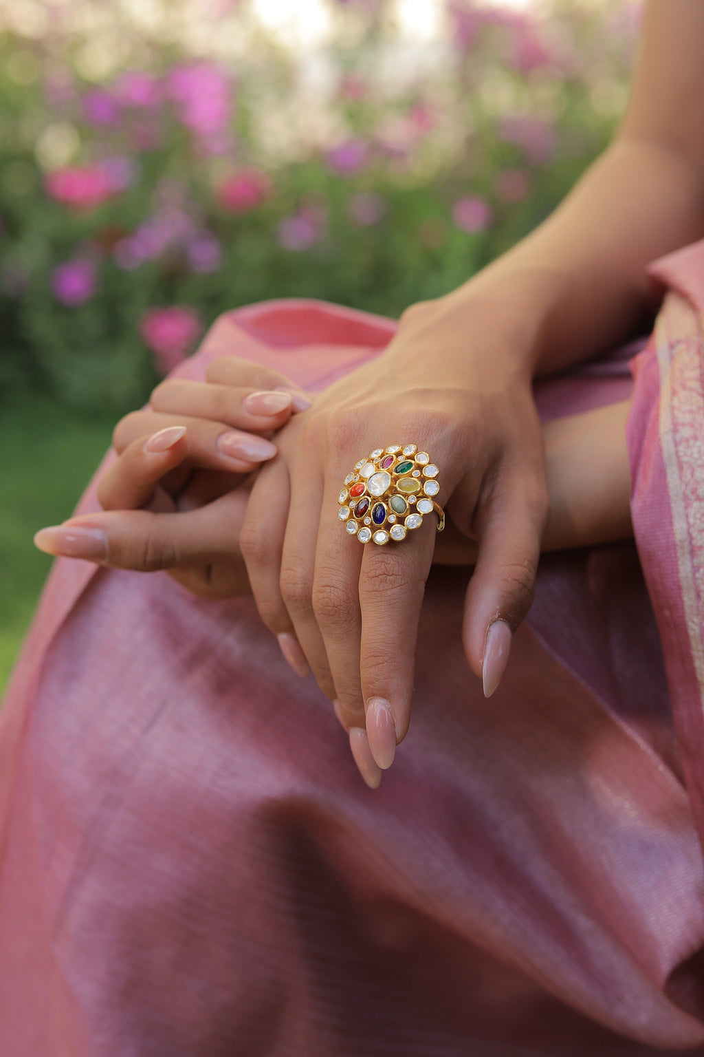 Navratna Round Silver Ring