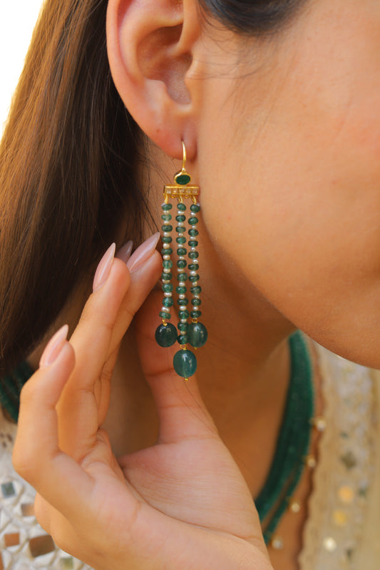 Emerald & Pearl Drop Silver Long Earrings