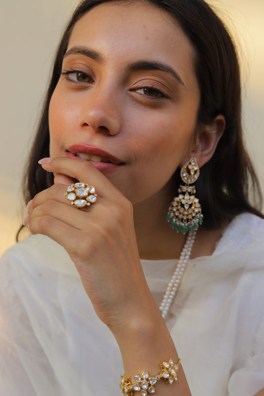 Noor Asymmetric Polki Silver Adjustable Ring