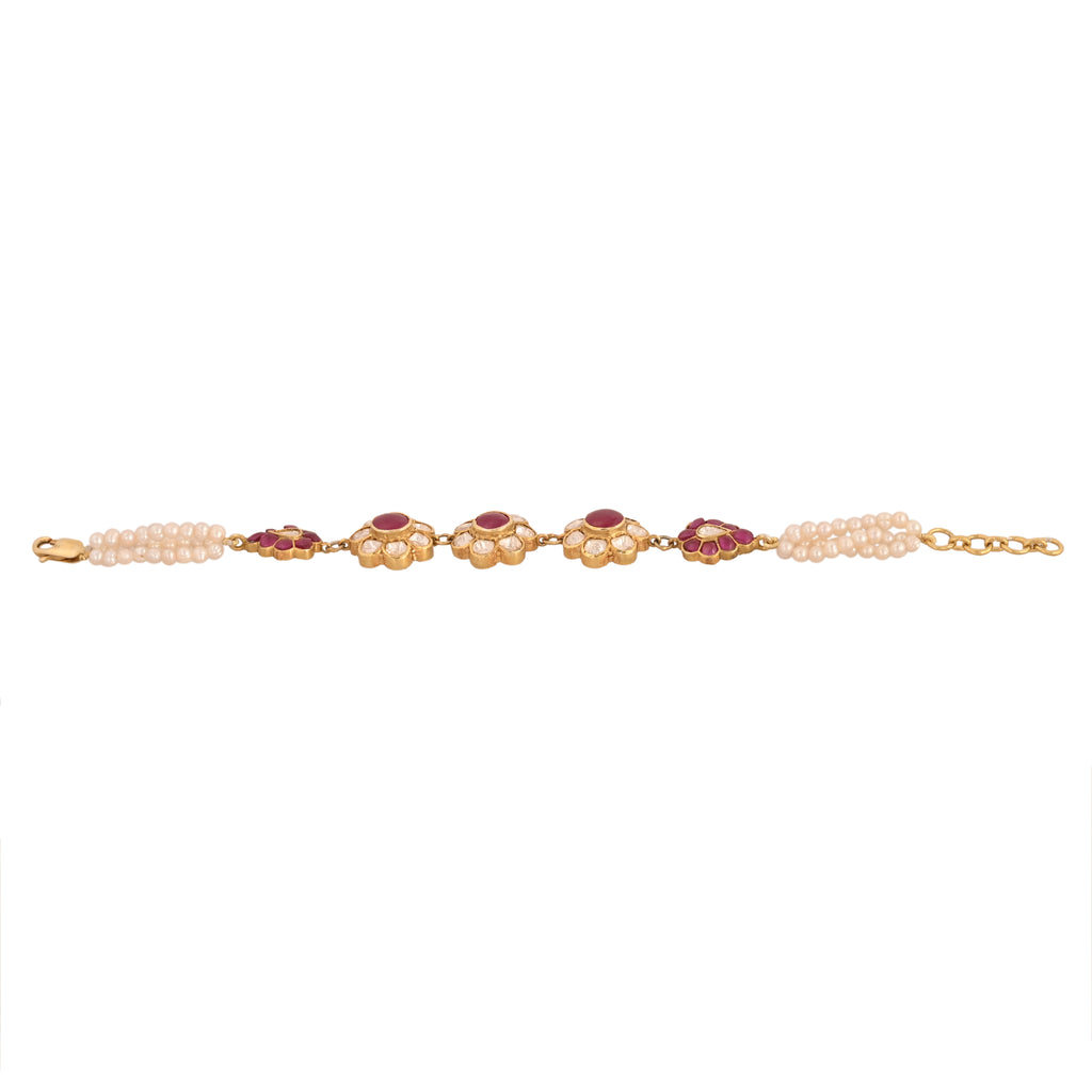 Floral Ruby & Polki Silver Bracelet