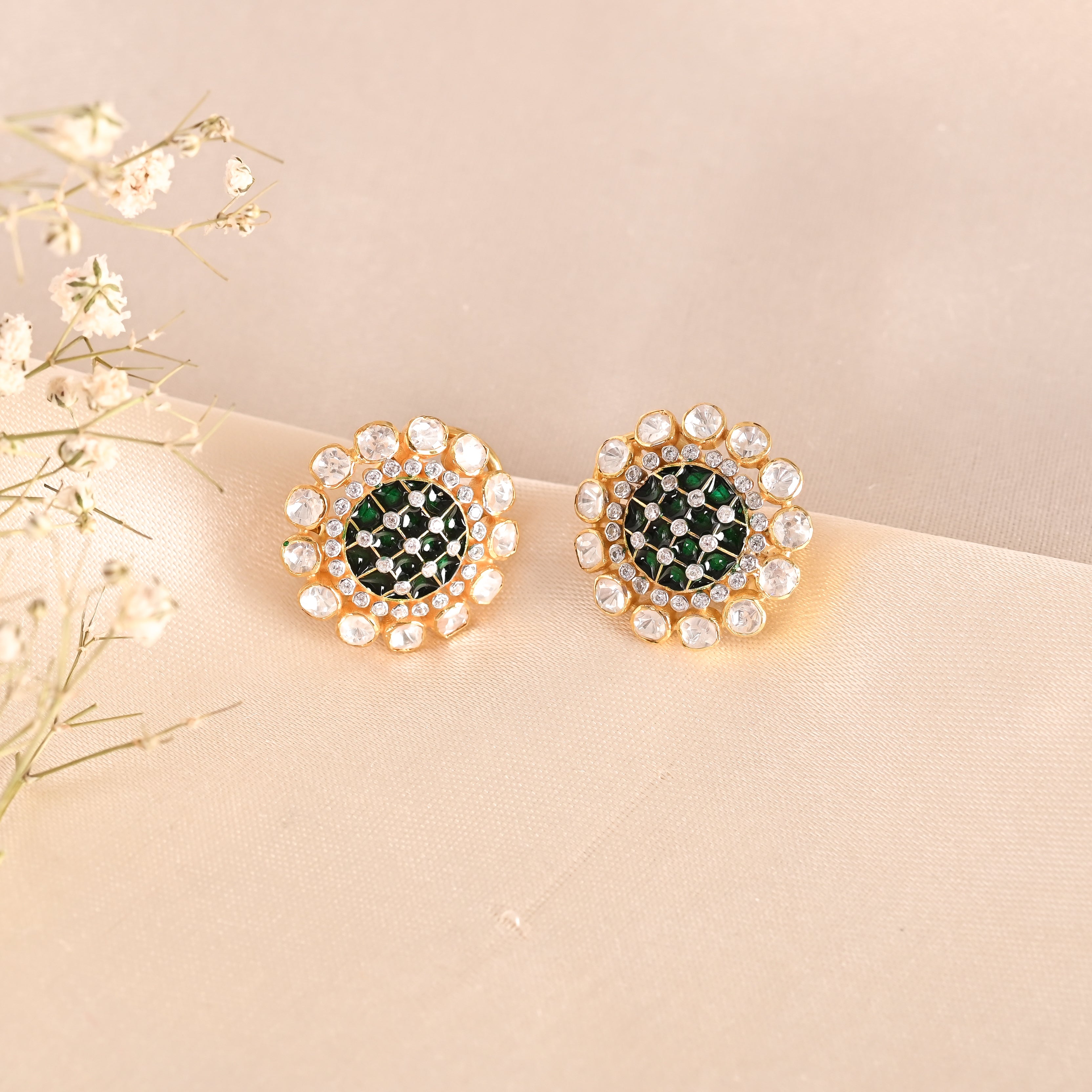 Floral Polki & Green Meenakari Silver Earrings