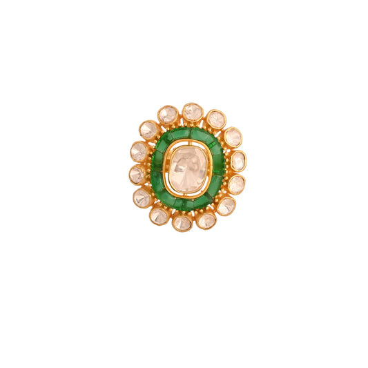 Floral Emerald & Polki Silver Ring