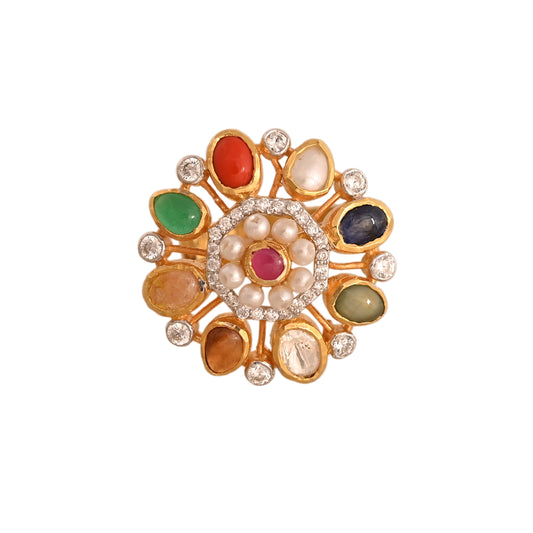 Navratna Floral Silver Ring