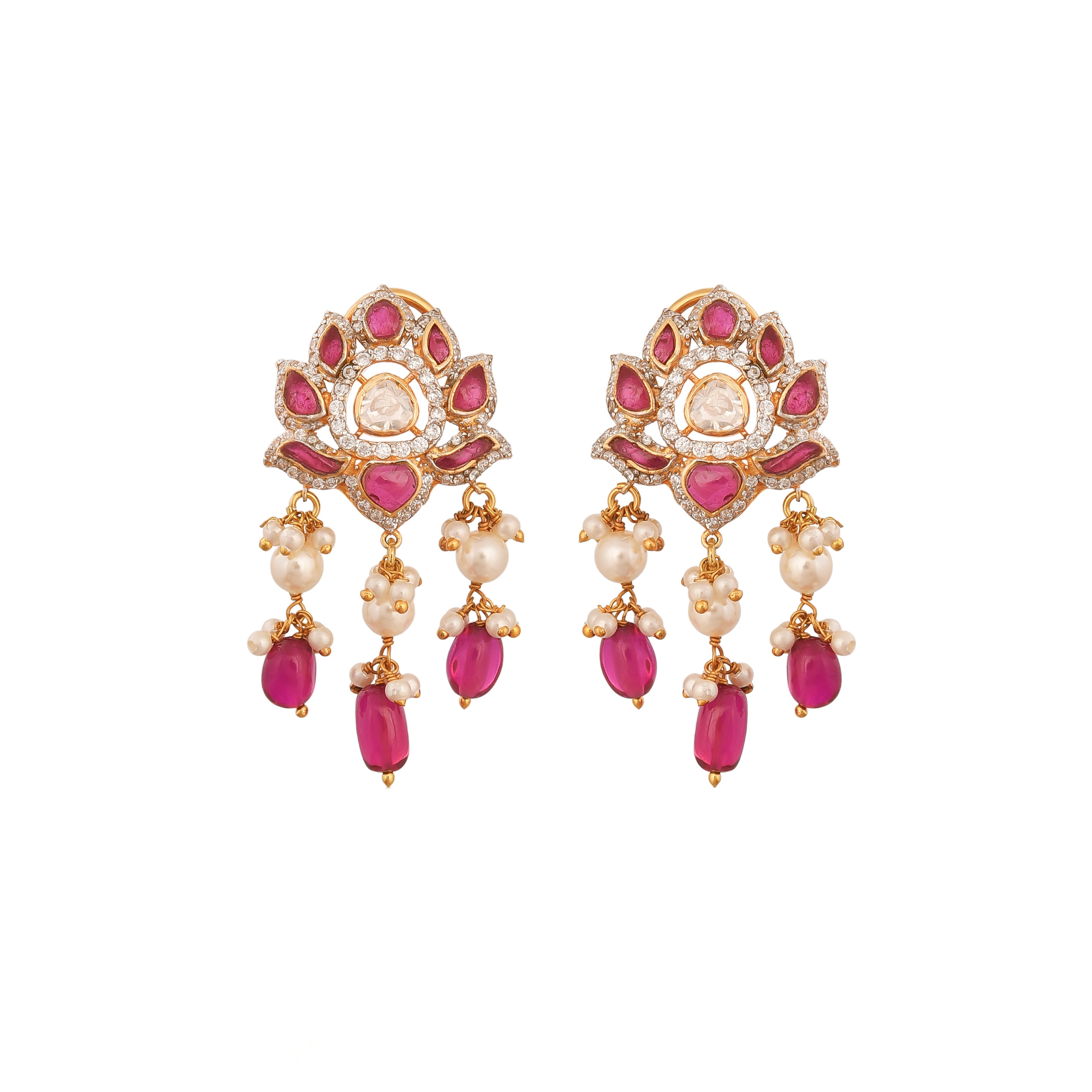Gul Lotus Ruby & Polki Silver Earrings