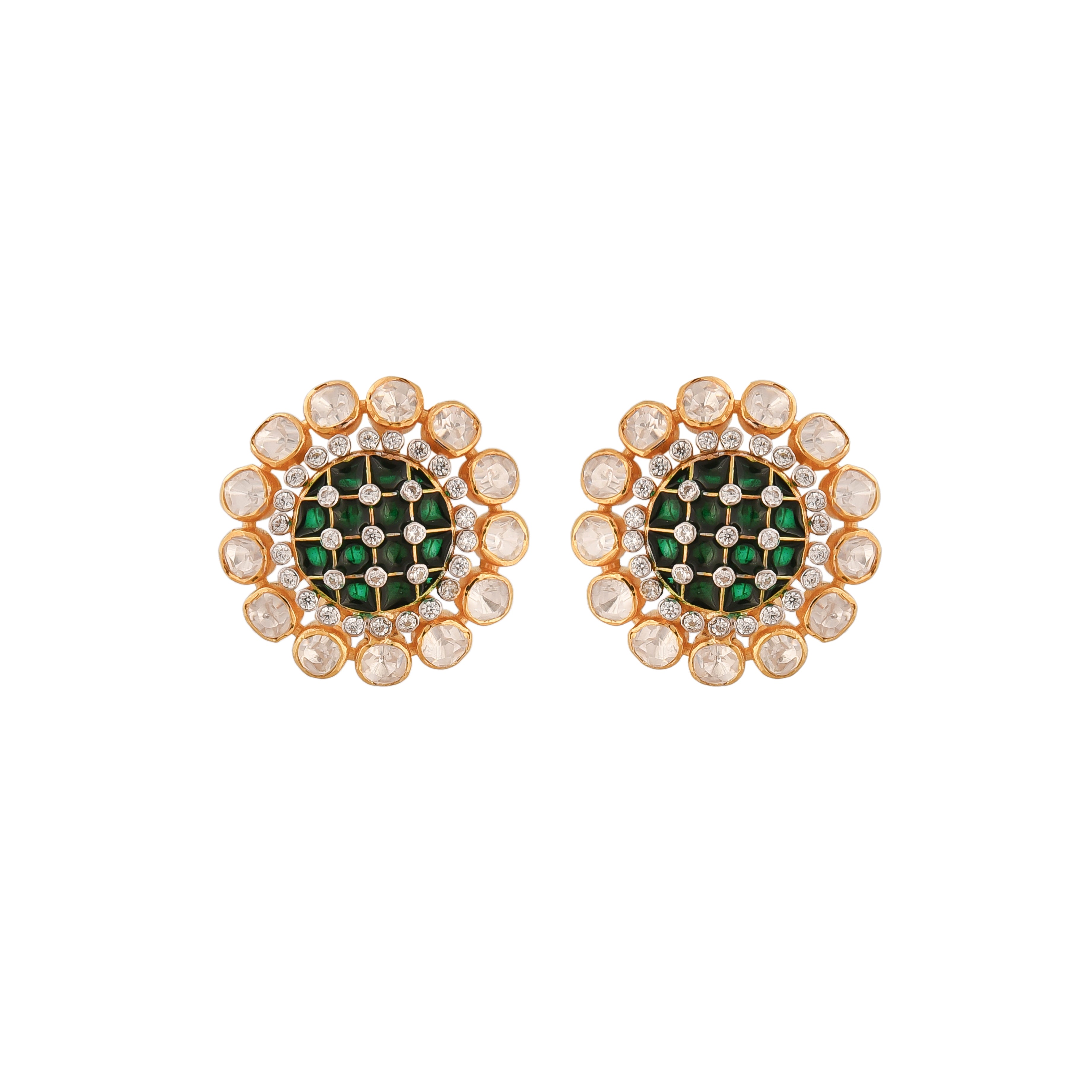 Floral Polki & Green Meenakari Silver Earrings