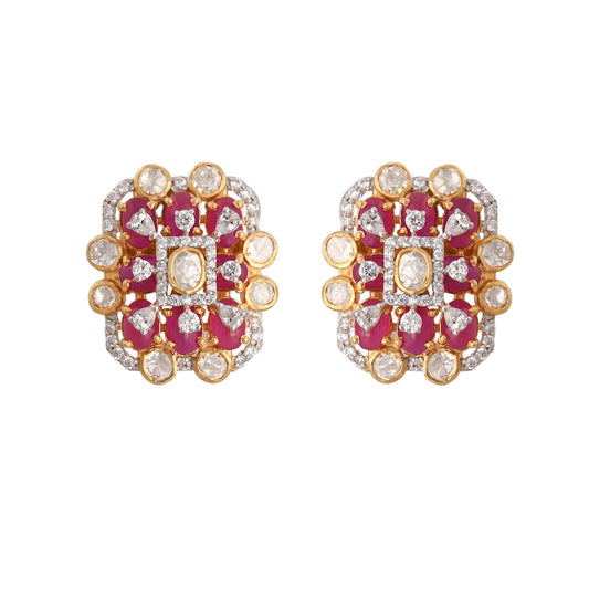 Ruby Diamond & Polki Silver Stud Earrings