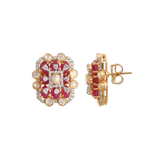 Ruby Diamond & Polki Silver Stud Earrings