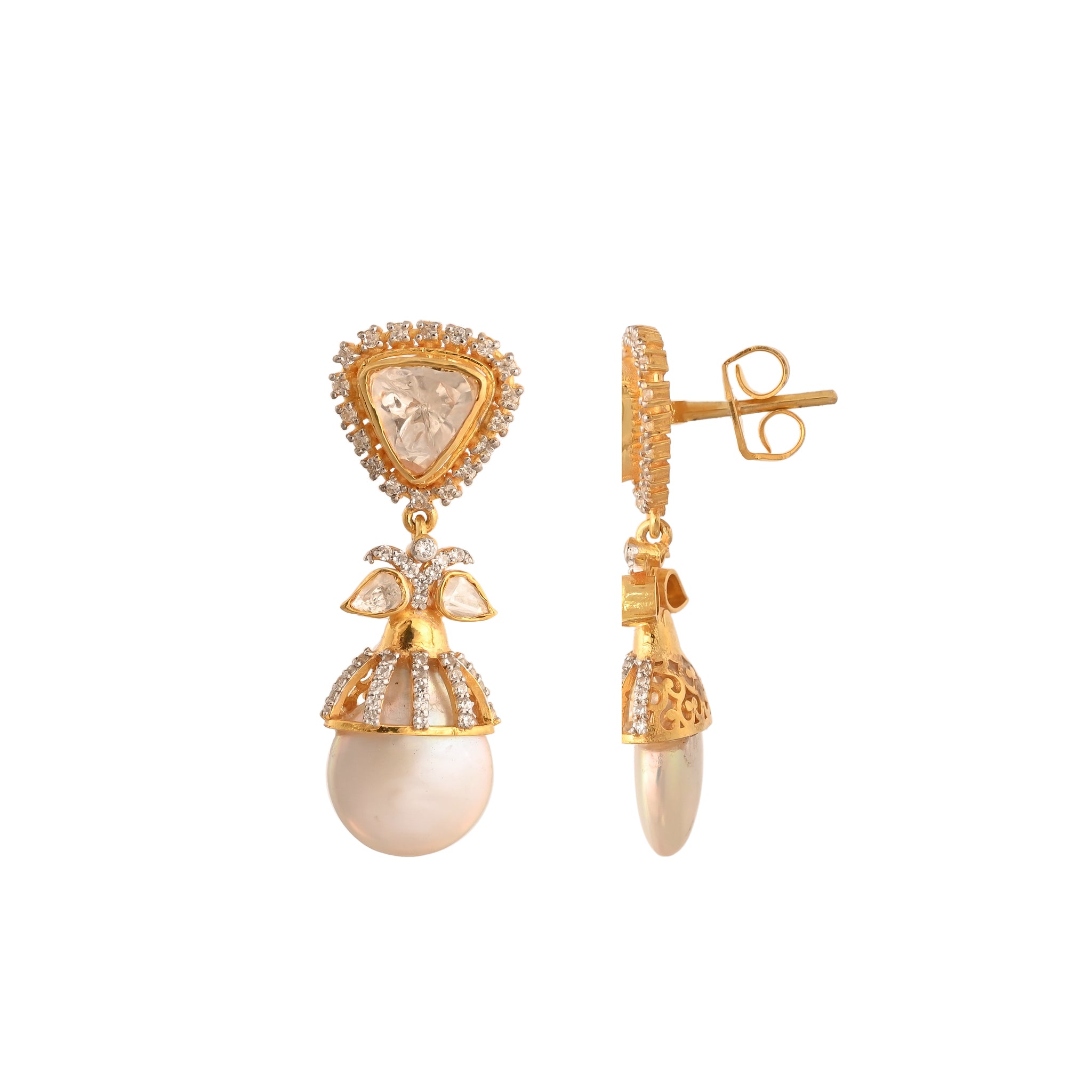 Polki & Unshaped Pearl Silver Drop Earrings