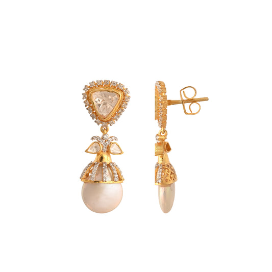 Polki & Unshaped Pearl Silver Drop Earrings