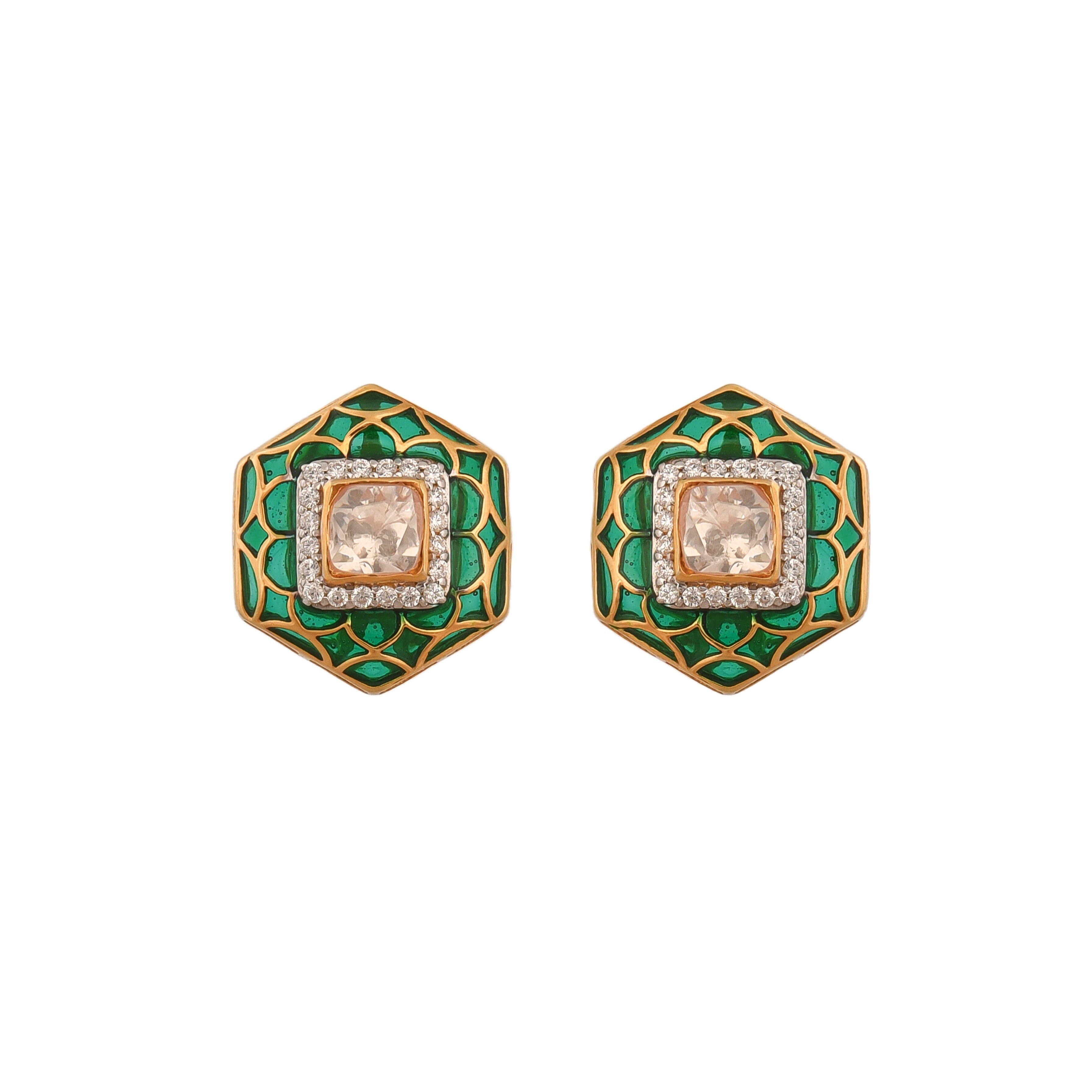 Hexagon Polki & Green Meenakari Silver Studs