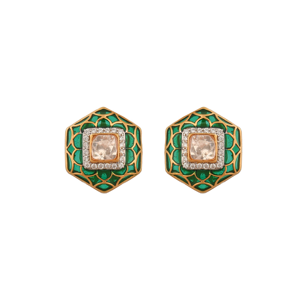 Hexagon Polki & Green Meenakari Silver Studs