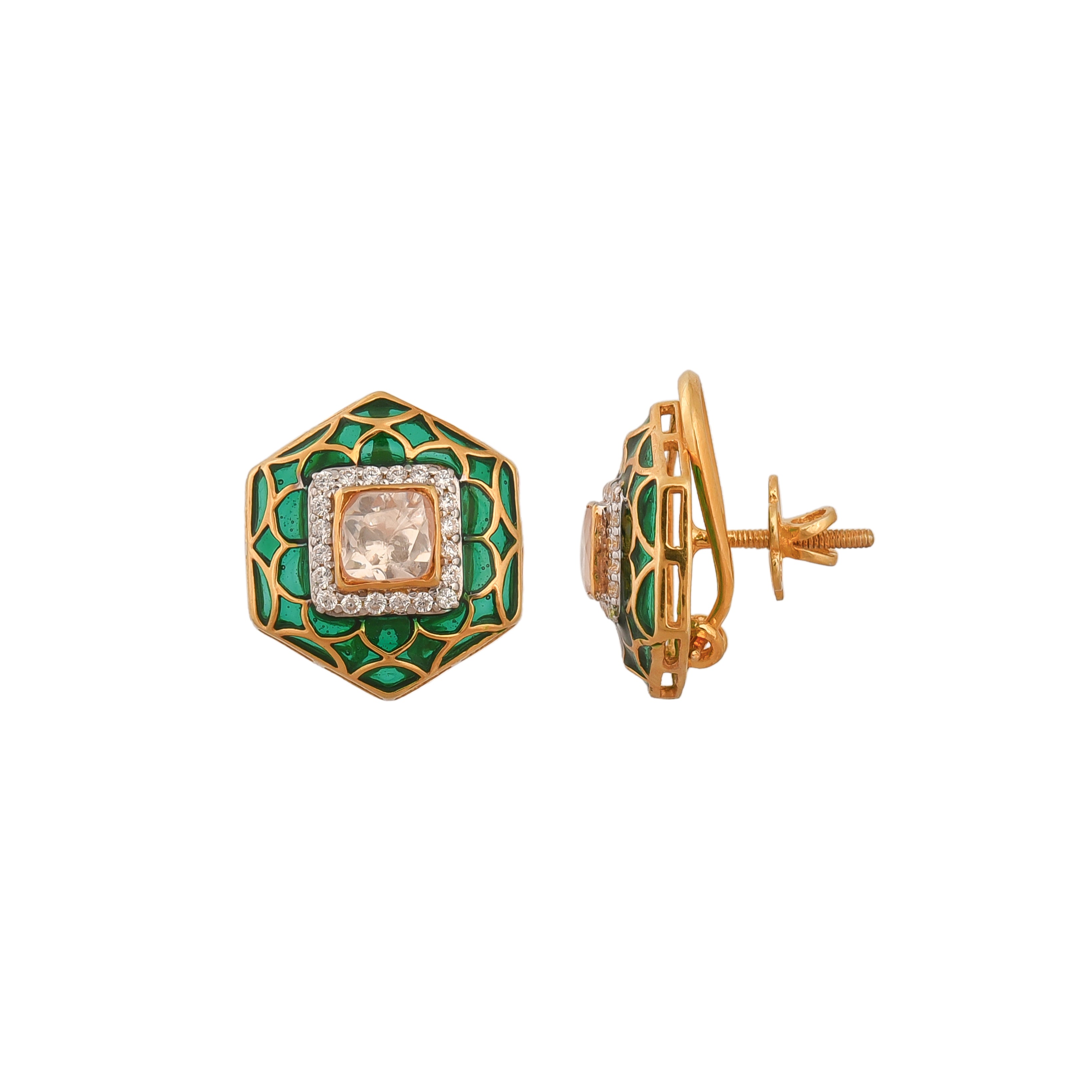 Hexagon Polki & Green Meenakari Silver Studs