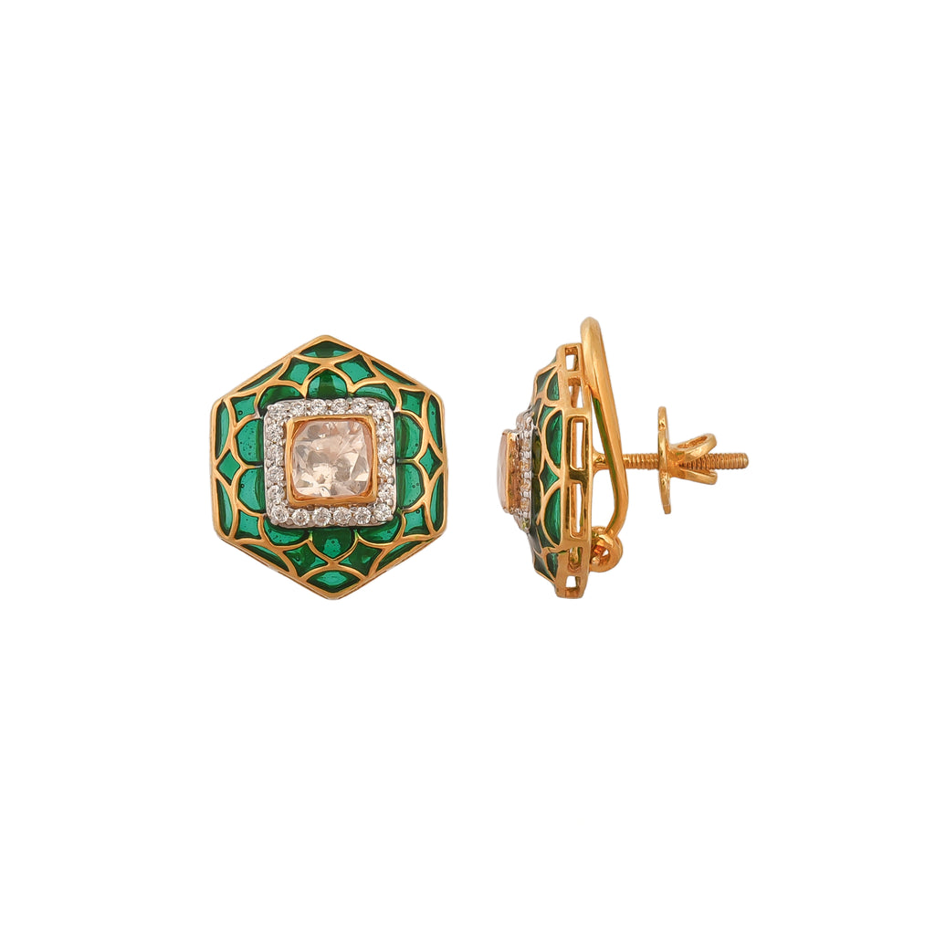 Hexagon Polki & Green Meenakari Silver Studs