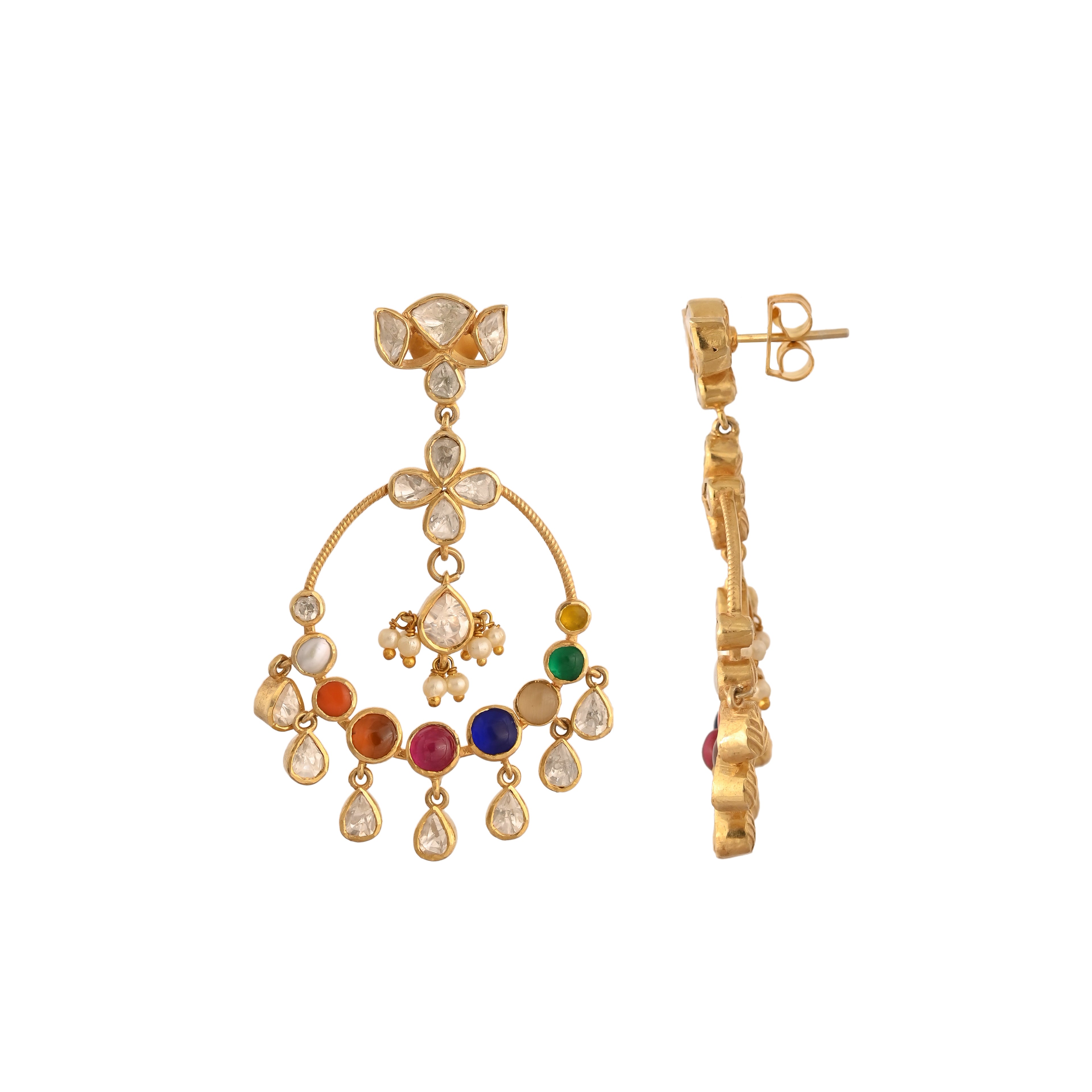 Navratna Silver Chandbali Earrings