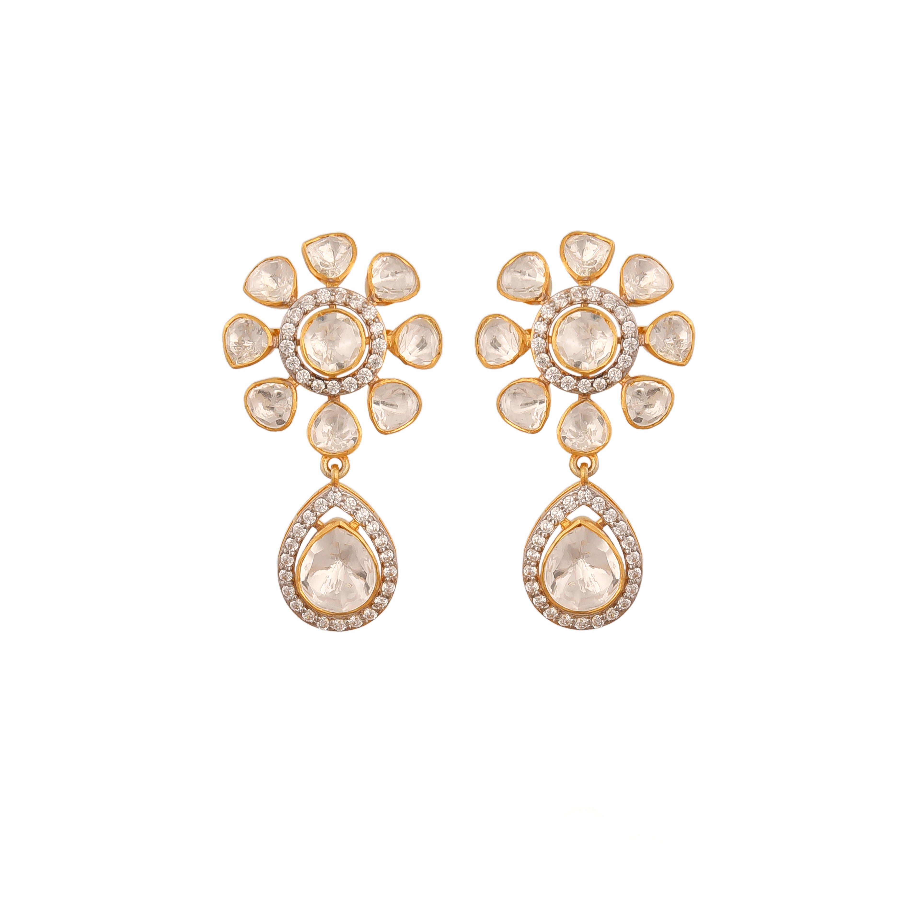 Noor Floral Polki Drop Silver Earrings