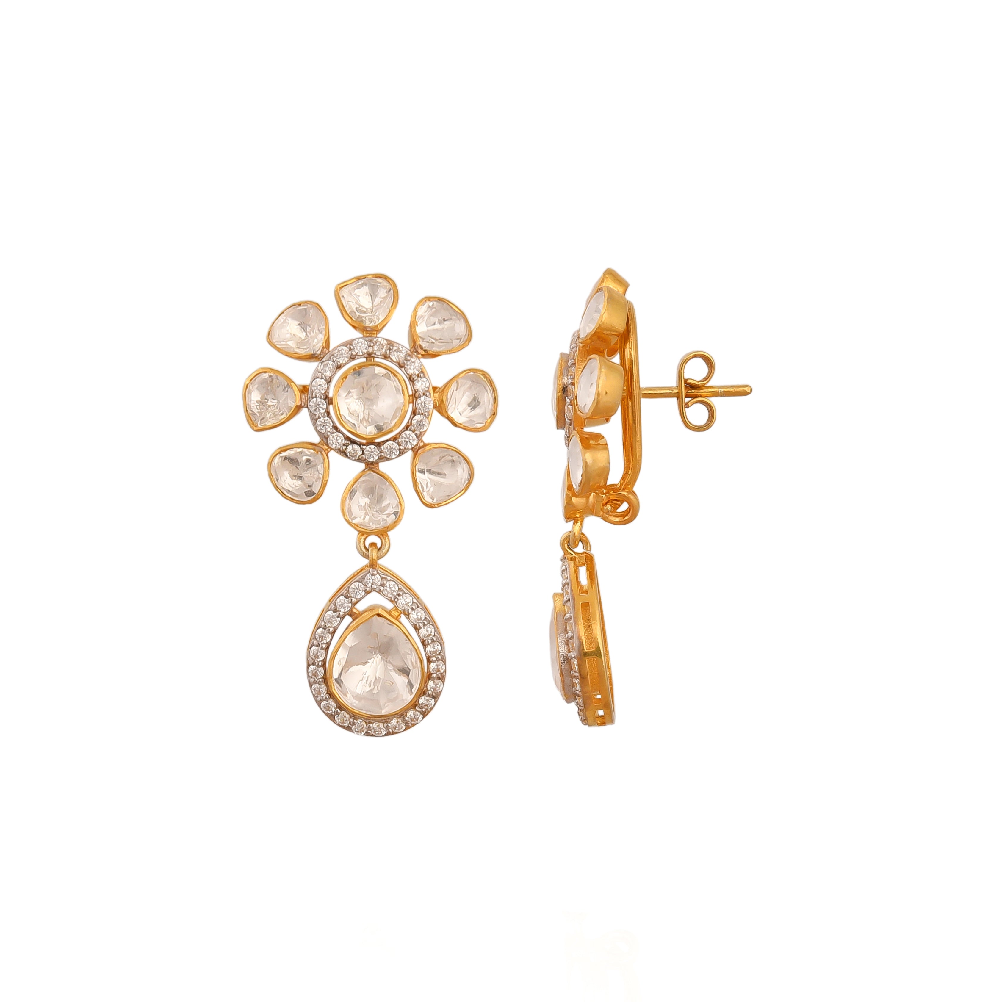 Noor Floral Polki Drop Silver Earrings