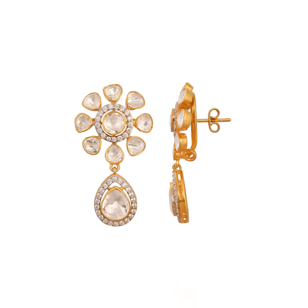 Noor Floral Polki Drop Silver Earrings